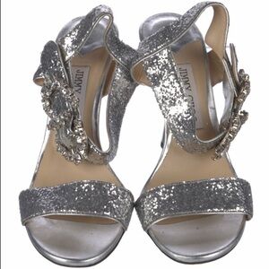 Jimmy Choo Silver Glitter Crystal-Embellished Heels